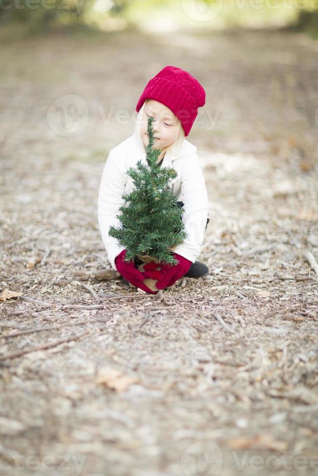 garota de luvas vermelhas e boné perto de pequena árvore de Natal foto