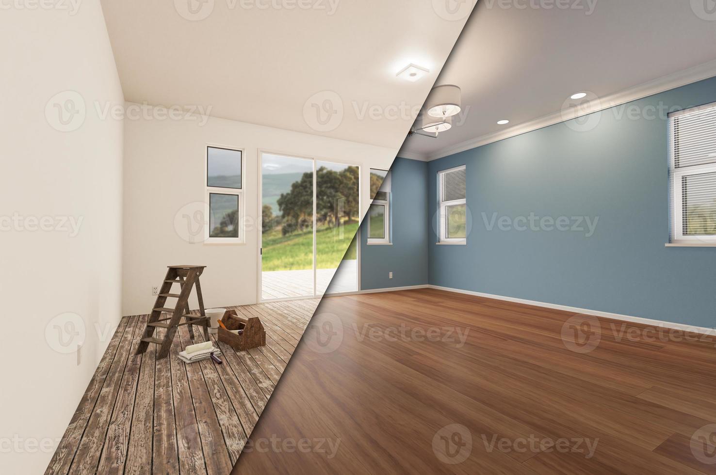 sala de casa inacabada e recentemente remodelada antes e depois com pisos de madeira, molduras, tinta azul e luzes de teto. foto