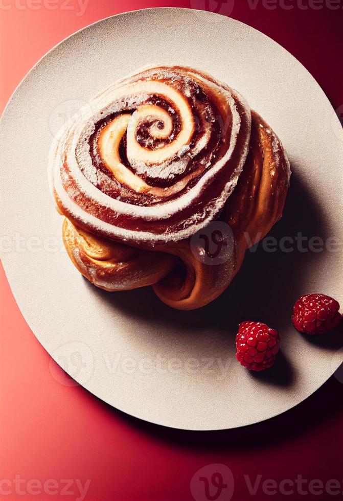 rolo de canela ou pão de canela com glacê por cima foto