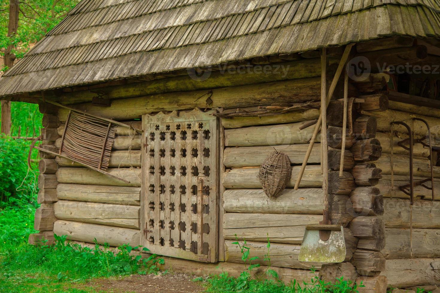 velha casa de madeira na floresta foto