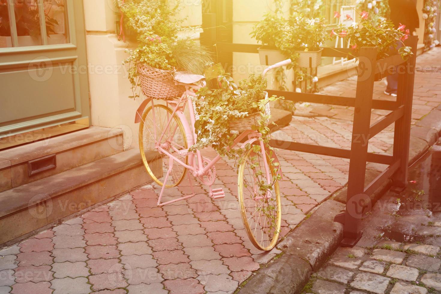 velha bicicleta rosa equipada com cesta de decoração de flores foto