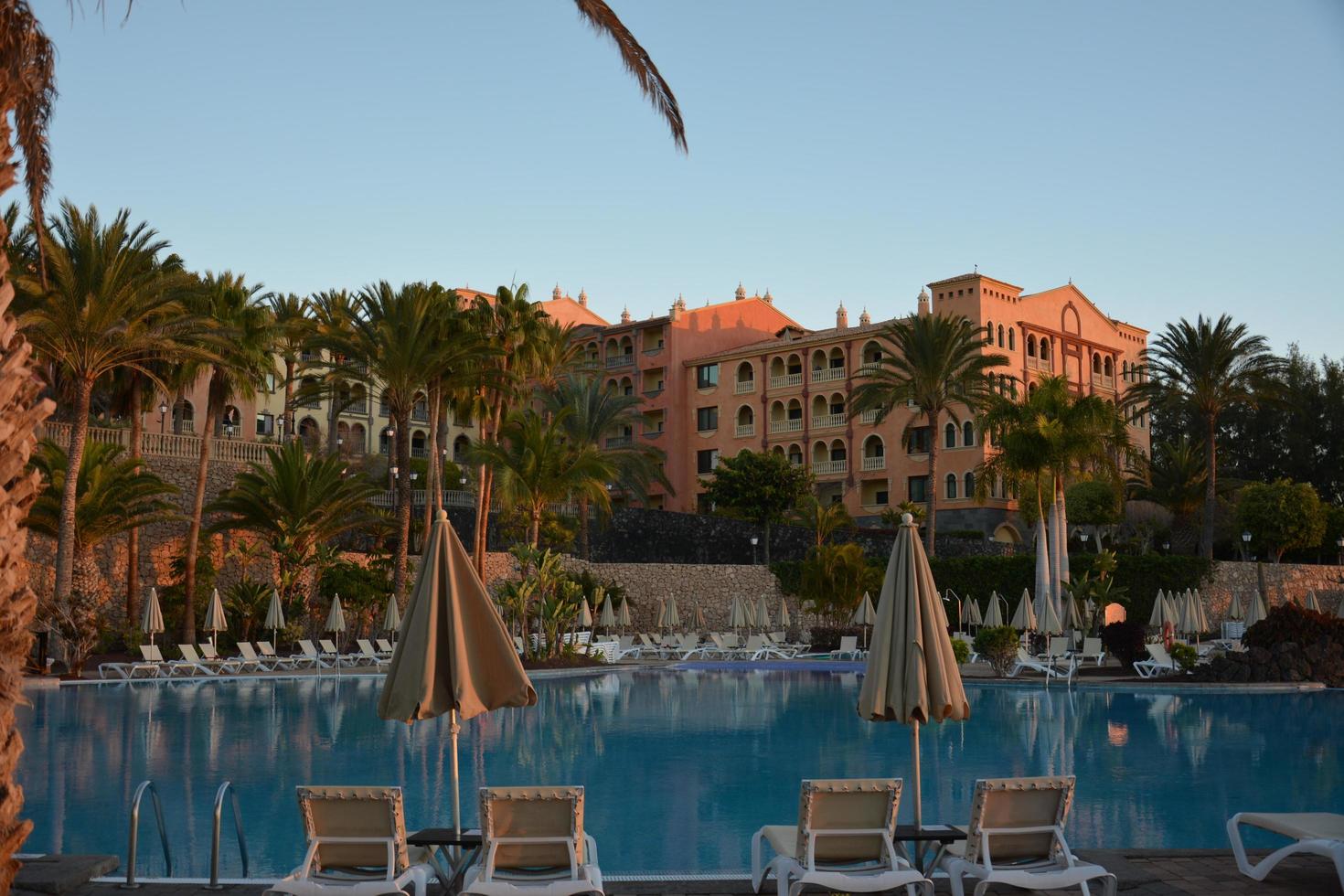 bela vista para o jardim tropical do resort da ilha com palmeiras, flores em fuerteventura, ilhas canárias, espanha, europa. foto