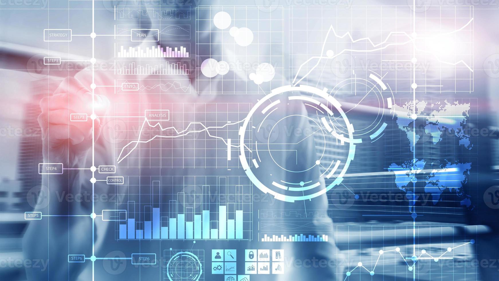 inteligência de negócios bi indicador de desempenho chave painel de análise de kpi fundo desfocado transparente. foto