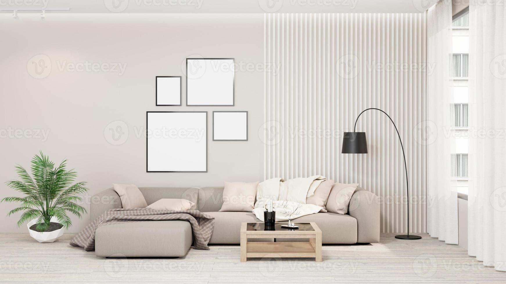 Sala de estar bege de renderização 3D, condomínio de sala de estar interior foto