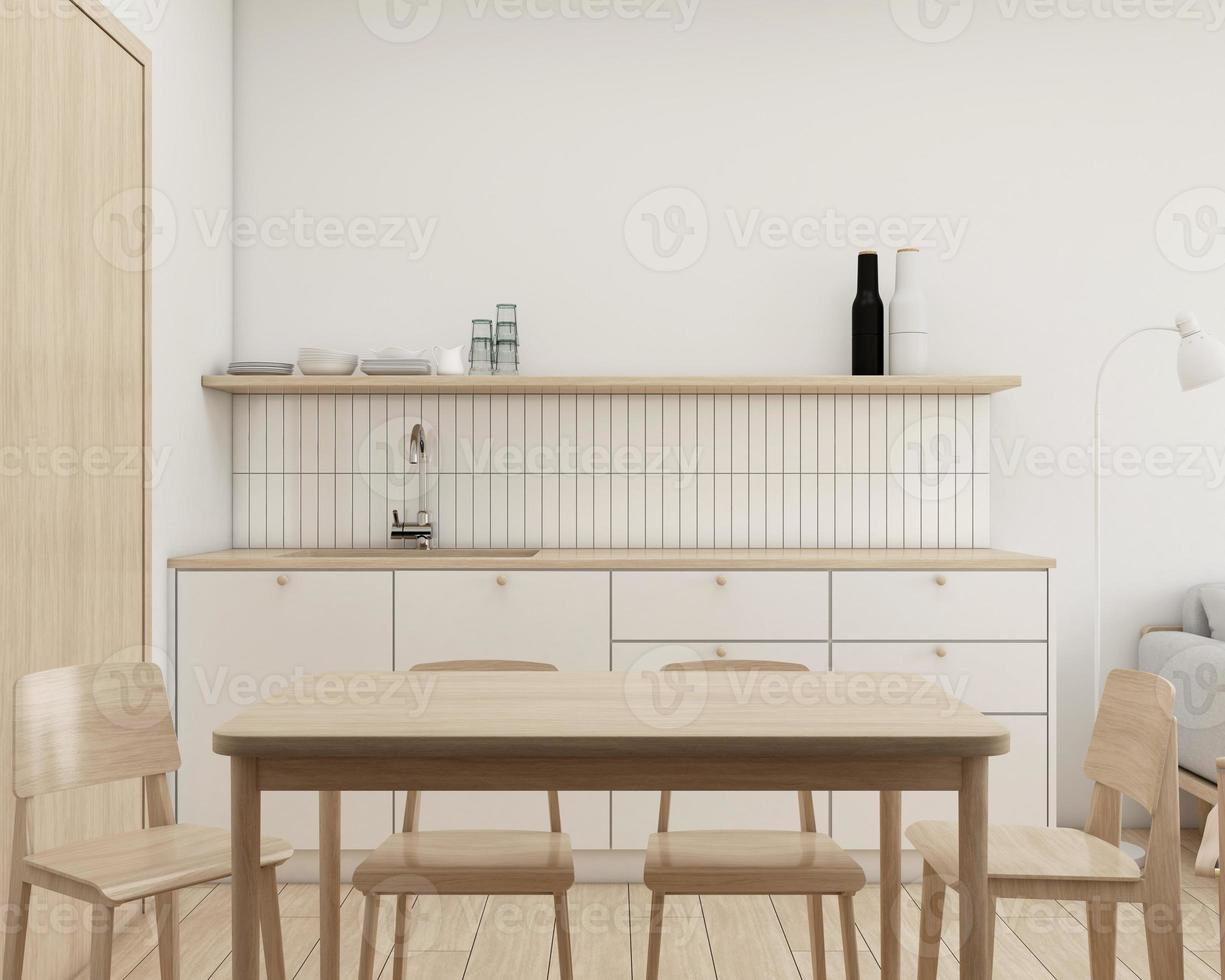 sala de cozinha estilo japandi decorada com mesa de jantar minimalista. renderização 3d foto