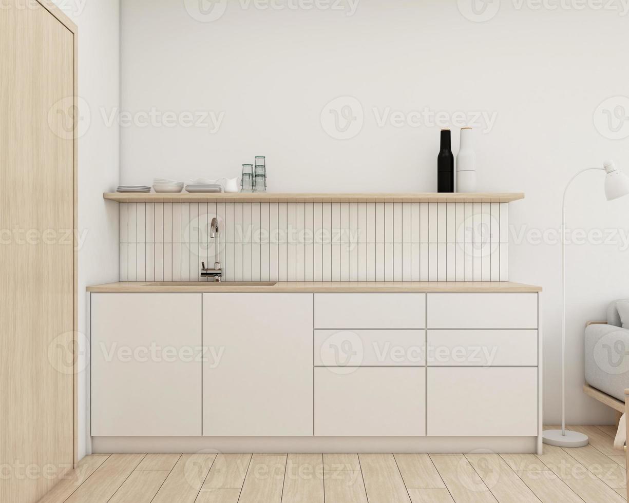 sala de cozinha estilo japandi decorada com armário branco minimalista. renderização 3d foto