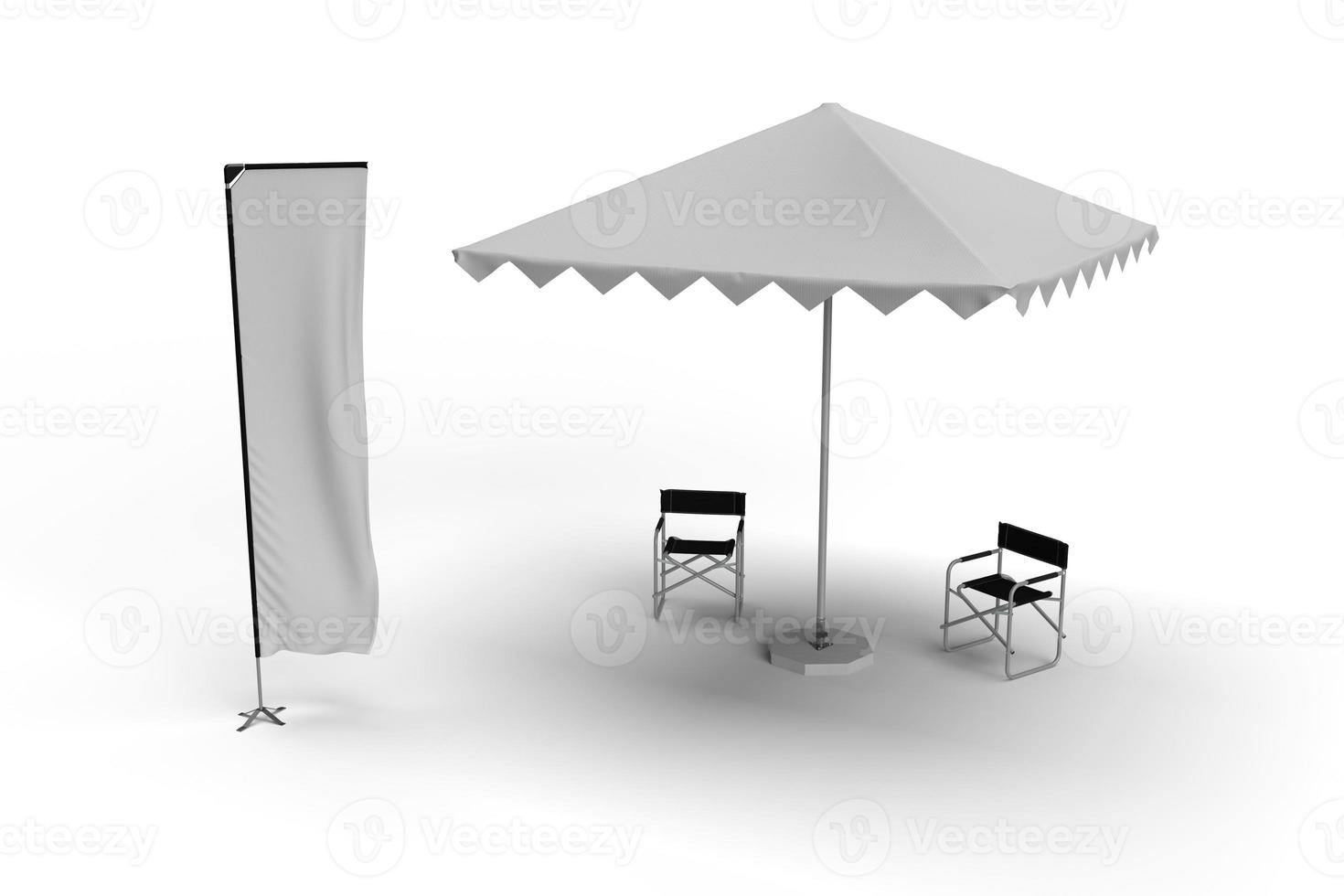 Guarda-chuva exposição guarda-sol com duas cadeiras de diretor e uma teles foto