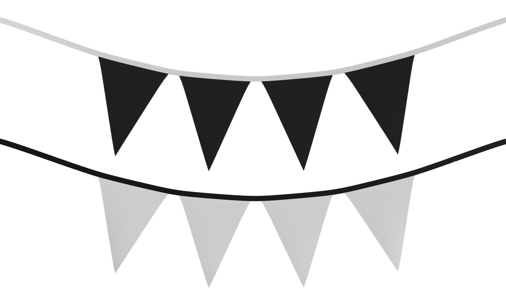 conjunto preto e branco de bandeirola triangular, pendurado em uma corda para maquete e ilustrações, 3d renderizado. foto