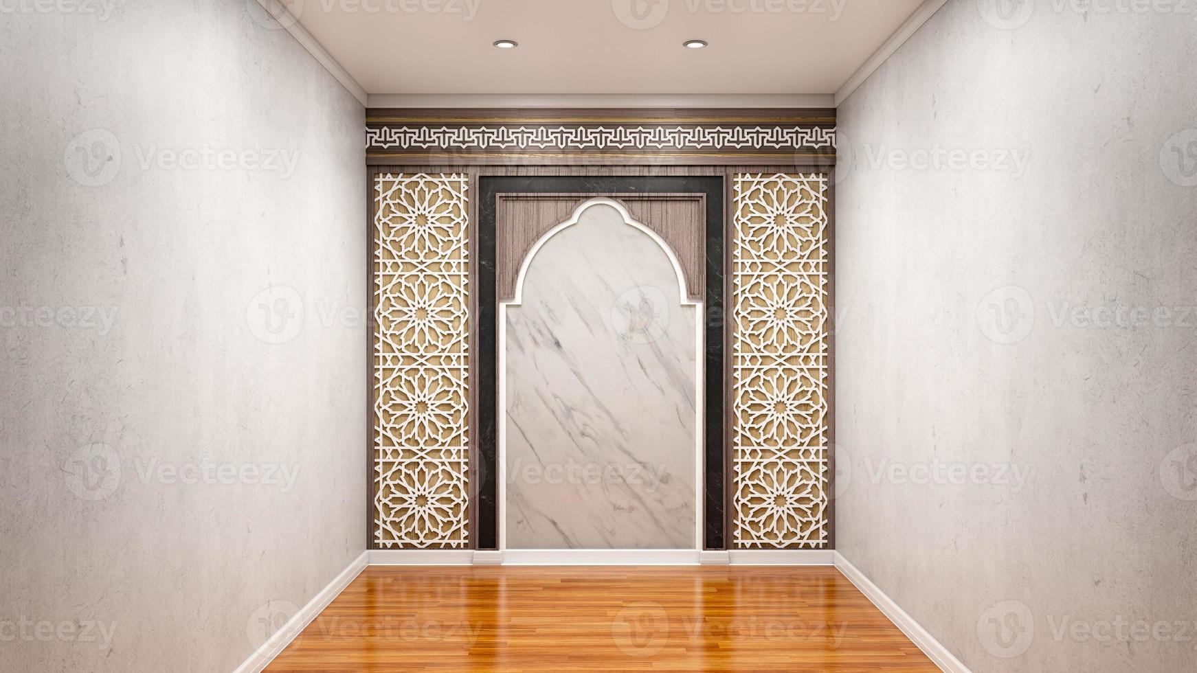 Gráfico fotográfico de ilustração 3D do interior do mushalla, conceito minimalista clássico. perfeito para referência de design de interiores mushalla. mochup foto