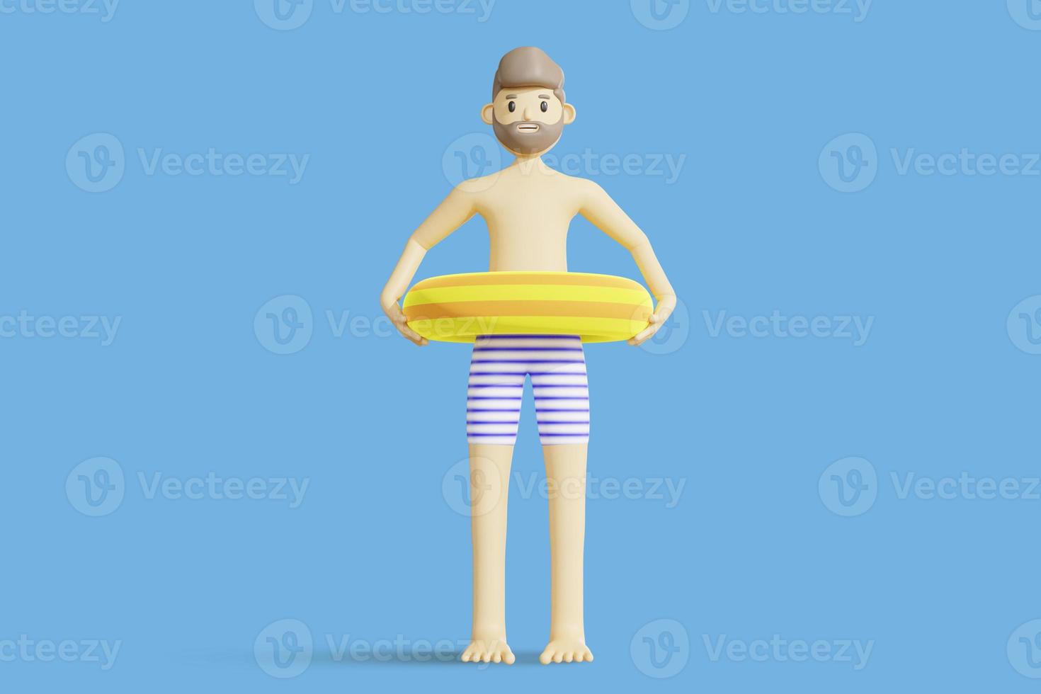 ilustração 3D. homem com personagem fofo de flutuador de brinquedo. relaxar. horário de verão. renderização 3d foto