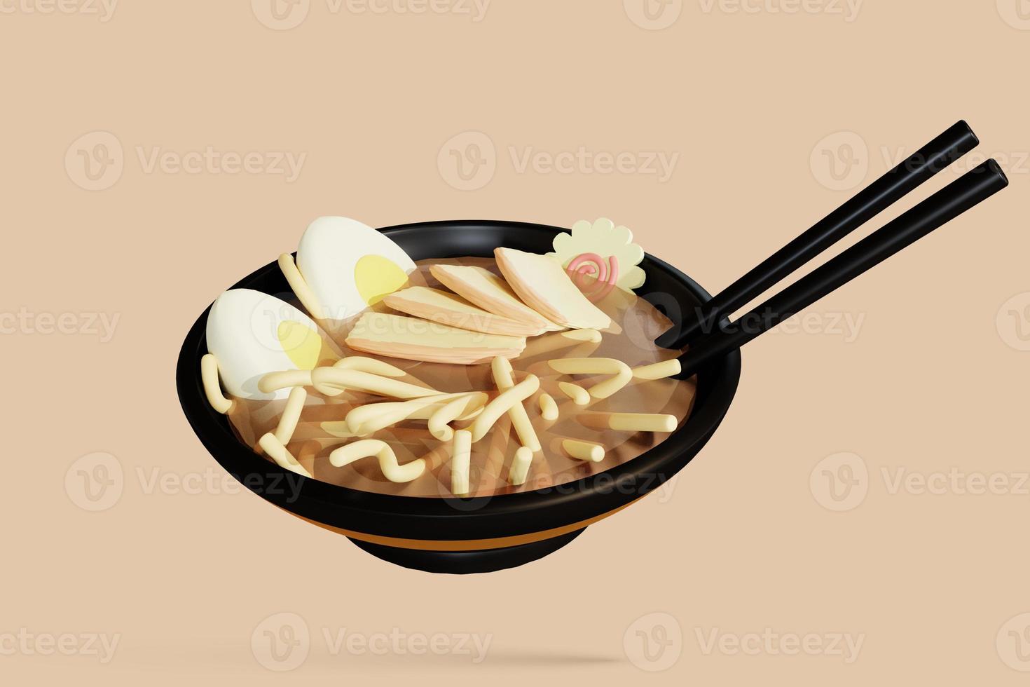 Sopa de ramen japonesa 3d em um prato redondo, pauzinhos na sopa em um fundo branco. renderização 3d foto