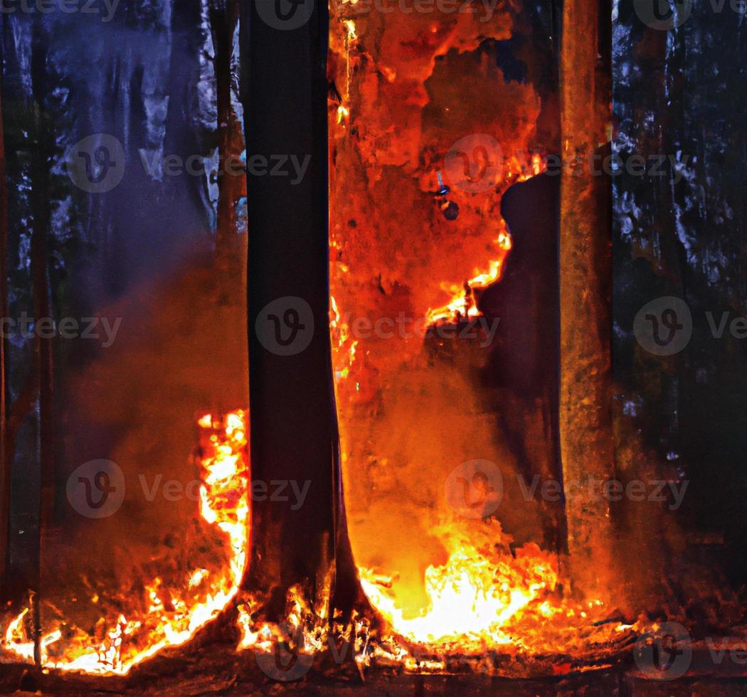 árvores queimadas após incêndios florestais, poluição e muita fumaça chamas de fogo em fundo preto, chamas de fogo textura de fogo florestal, árvores em chamas, fogo e fumaça foto