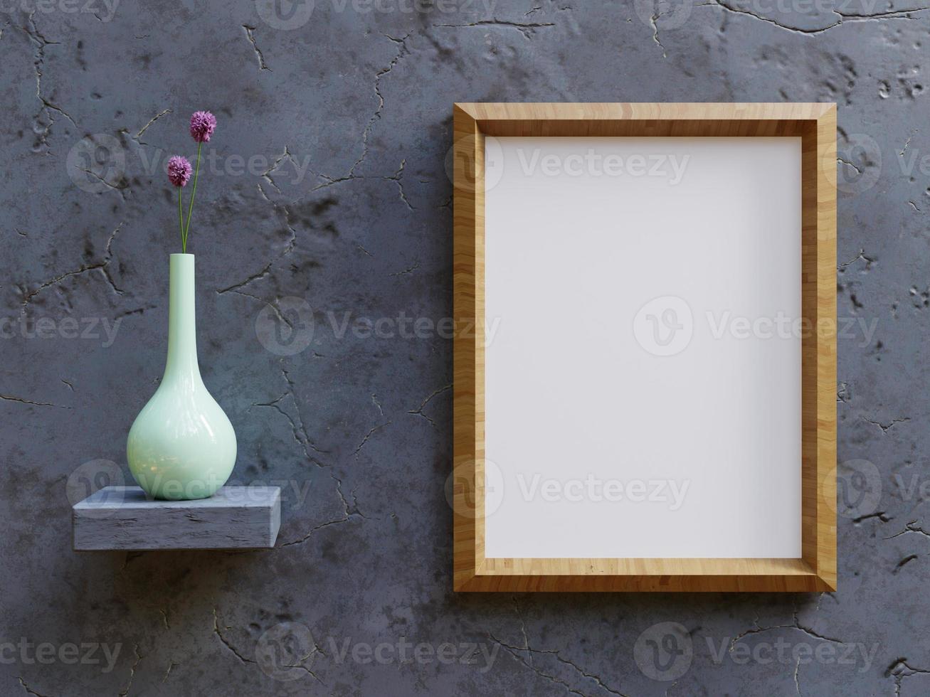 quadro de pôster em branco na parede escura com vaso de flores decorativo em uma borda, renderização 3d foto