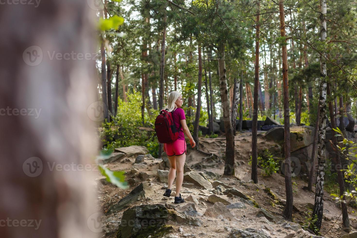 mulher elegante hipster com mochila olhando incríveis bosques e montanhas no verão, conceito de viagem, espaço para texto foto