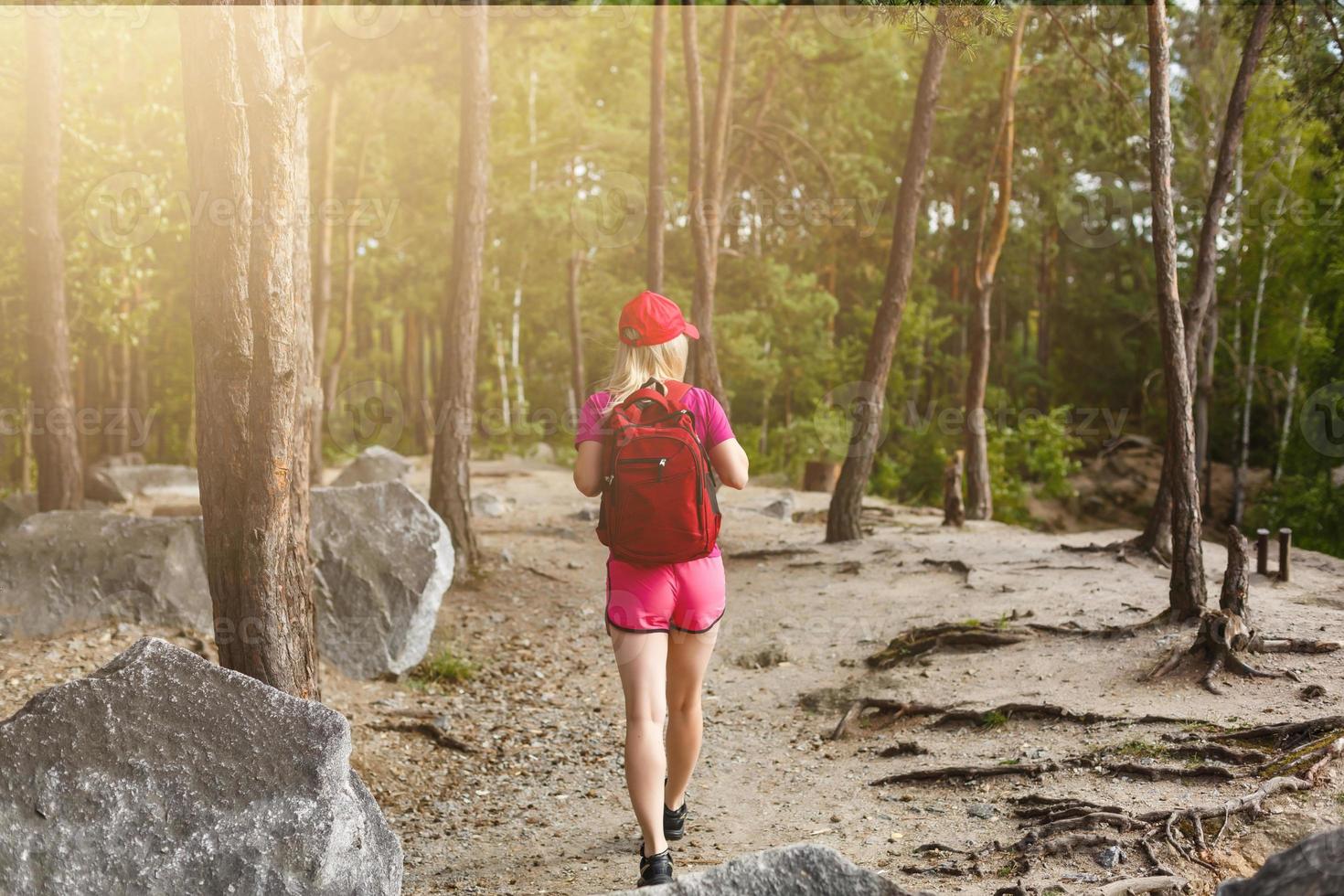 mulher elegante hipster com mochila olhando incríveis bosques e montanhas no verão, conceito de viagem, espaço para texto foto