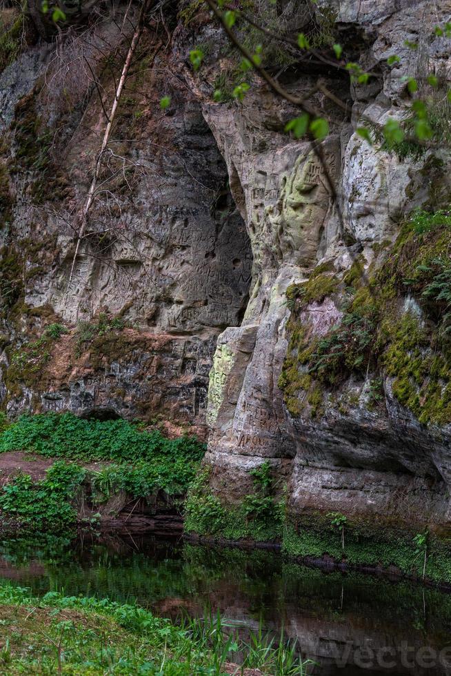 um pequeno riacho na floresta com falésias de arenito e pedras foto