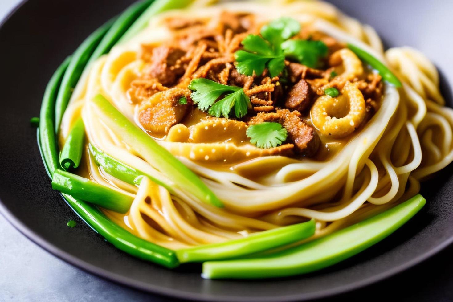 macarrão delicioso. refeição de fast-food com macarrão apetitoso e pauzinhos. foto