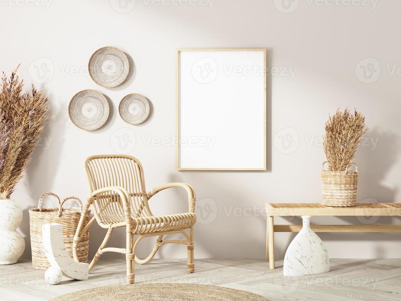 maquete de quadro e pôster no interior do estilo boho. renderização 3D, ilustração 3D foto