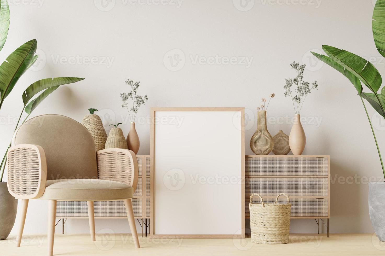 maquete de quadro e pôster no interior do estilo boho. renderização 3D, ilustração 3D foto