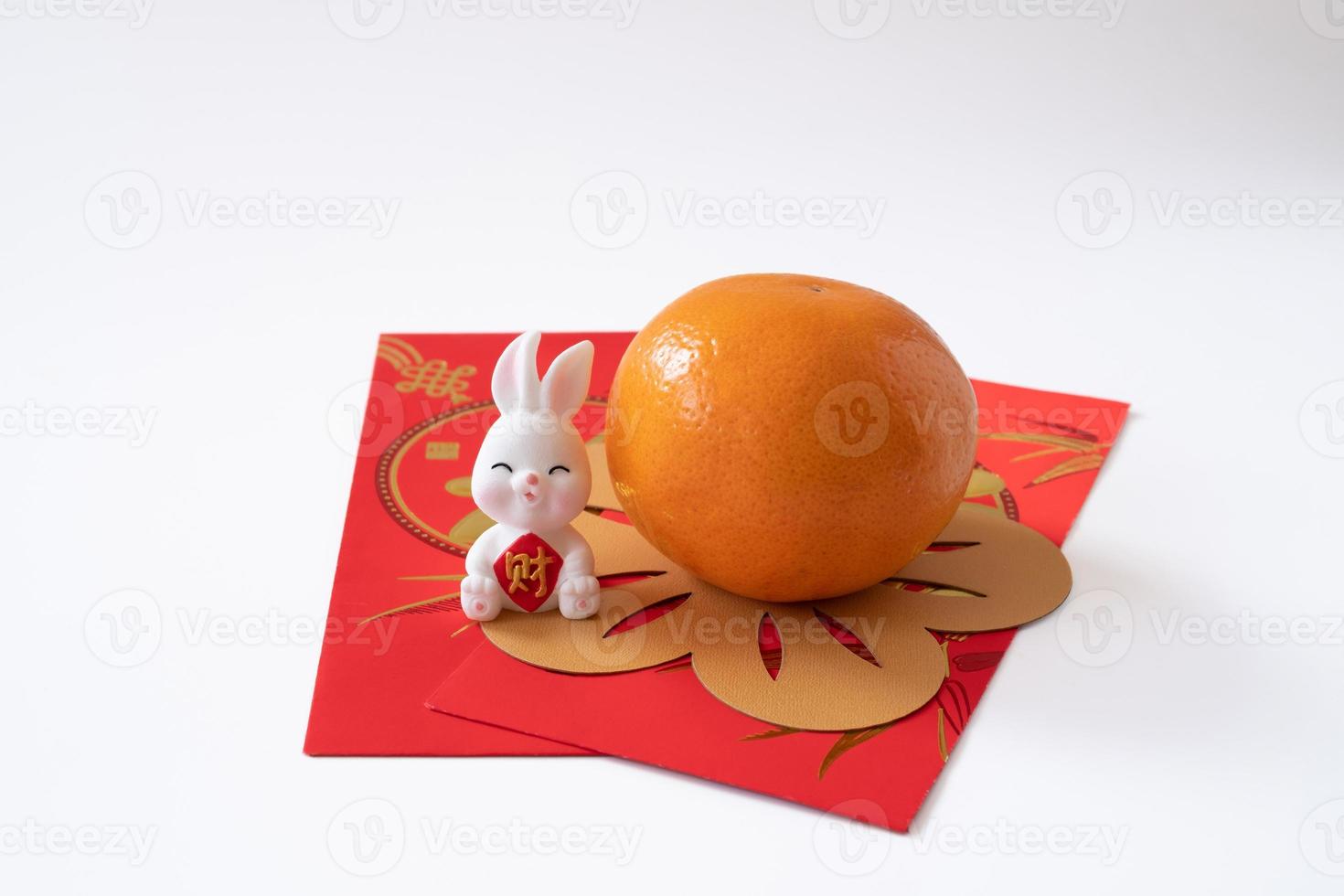 ano novo chinês do conceito de festival de coelho. mandarina, coelho e lingote de ouro isolado no fundo branco. foto