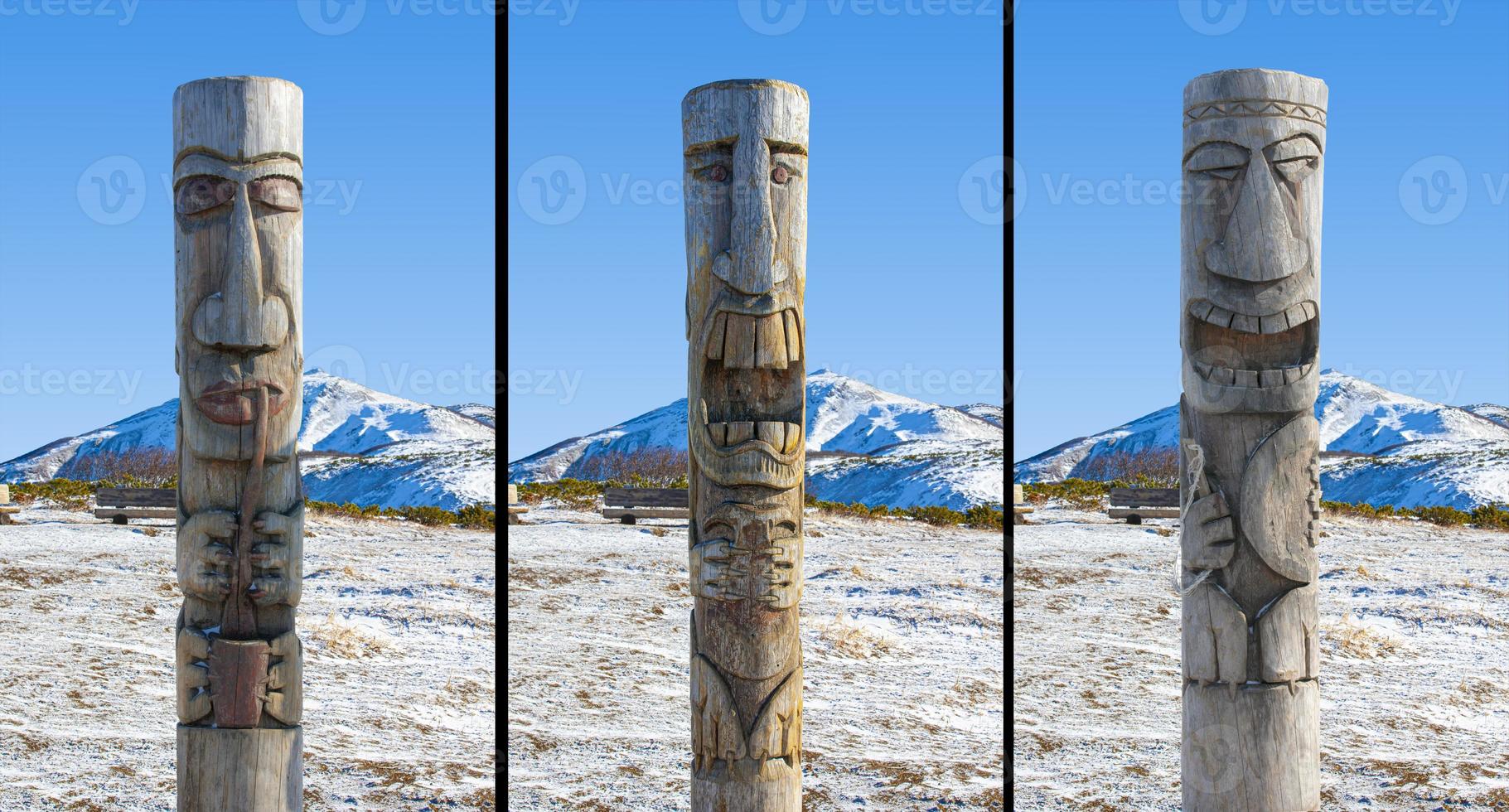 conjunto de estátuas de ídolos de madeira perto do vulcão vilyuchik, península de kamchatka foto