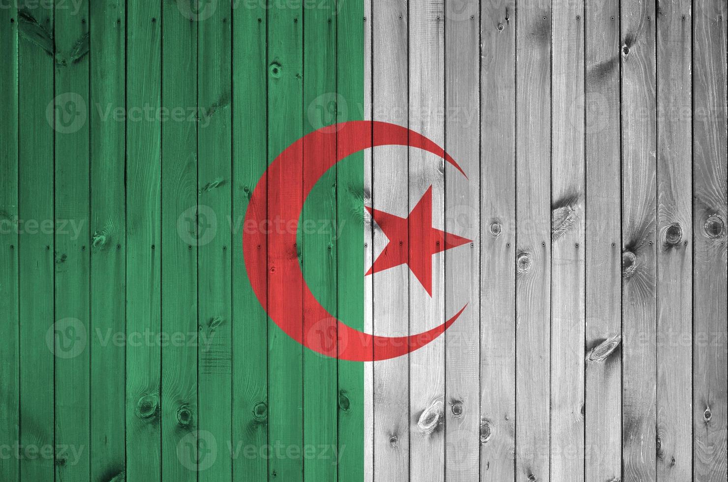 bandeira da argélia retratada em cores de tinta brilhante na parede de madeira velha. banner texturizado em fundo áspero foto