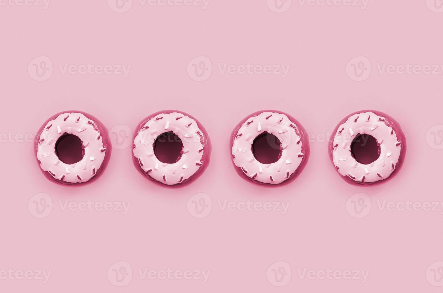 muitos donuts de plástico pequenos estão sobre um fundo. padrão mínimo de configuração plana. imagem de vista superior tonificada em viva magenta, cor do ano de 2023 foto