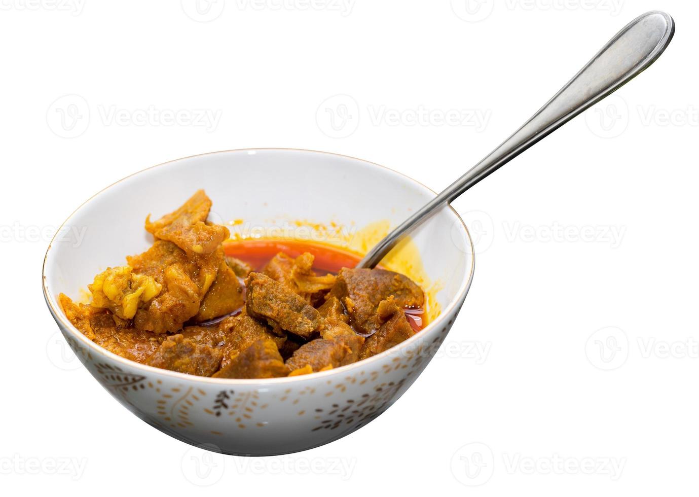 receita caseira de carne ou curry em uma tigela com fundo branco foto