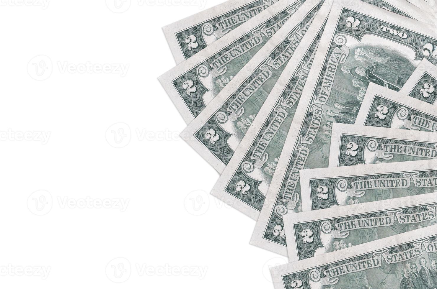 2 notas de dólares americanos estão isoladas no fundo branco com espaço de cópia. fundo conceitual de vida rica foto