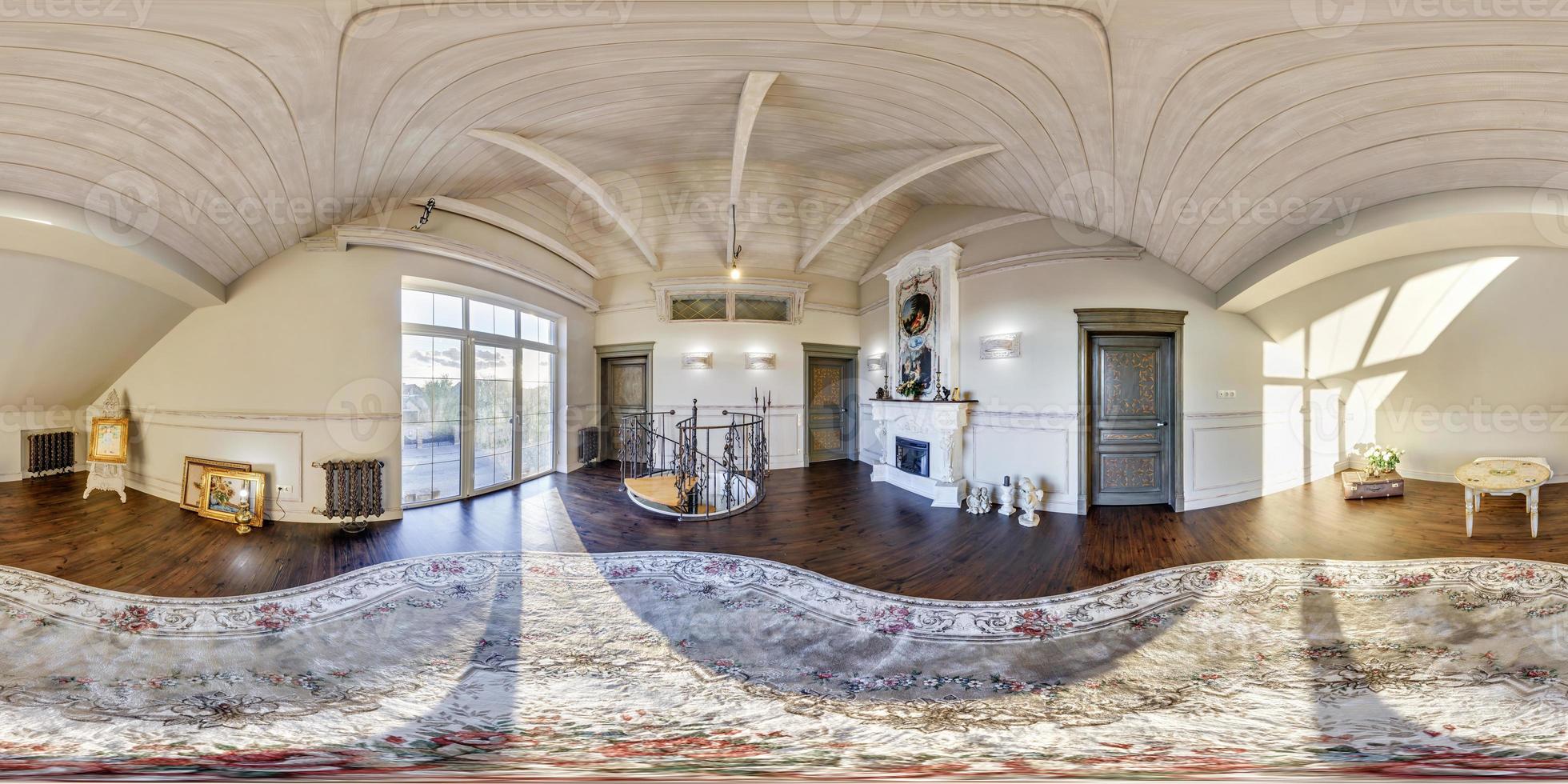 visão panorâmica hdri 360 sem costura esférica completa no interior do hóspede vintage e sala de estar em apartamento ou propriedade em projeção equiretangular, conteúdo vr foto