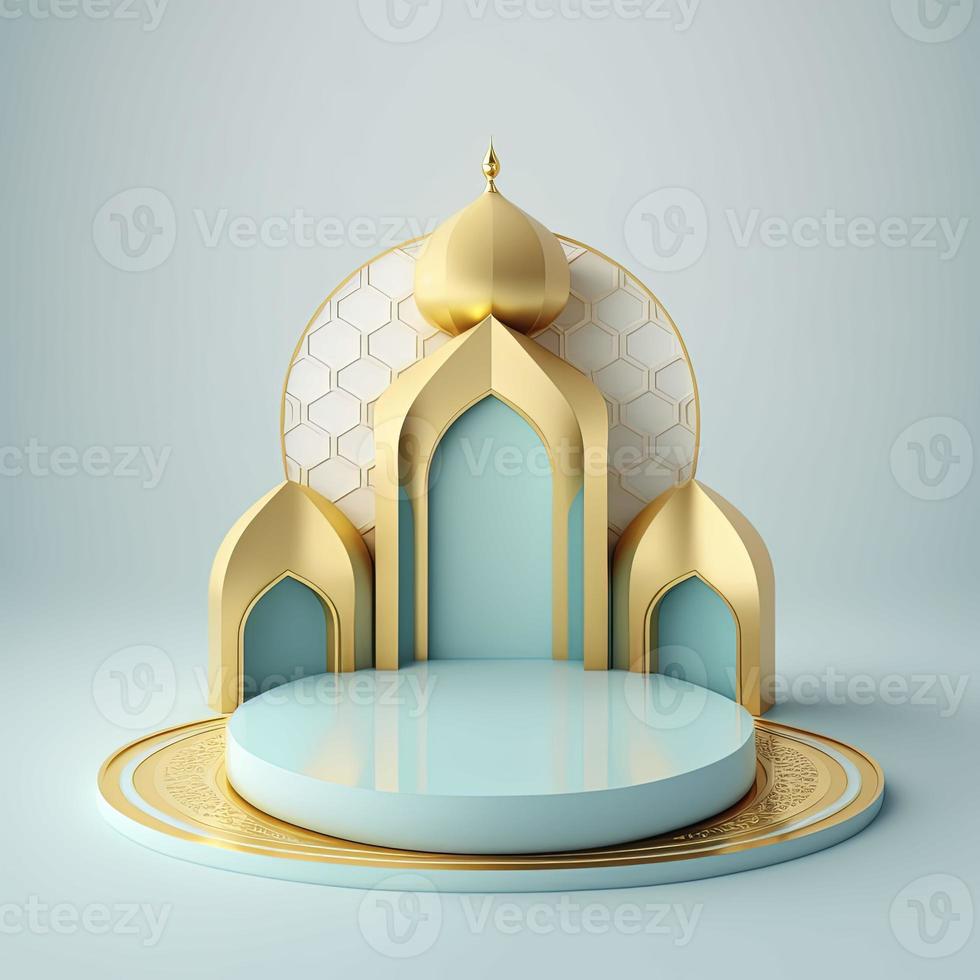 fundo de exibição de produto de tema islâmico em design de ilustração de renderização 3d, moldura de portal de mesquita com pódio ou palco e espaço vazio. foto
