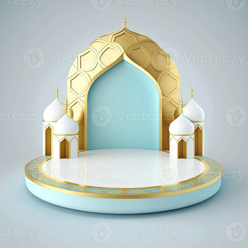 pódio com tema islâmico do ramadã 3d realista com portão de mesquita brilhante foto