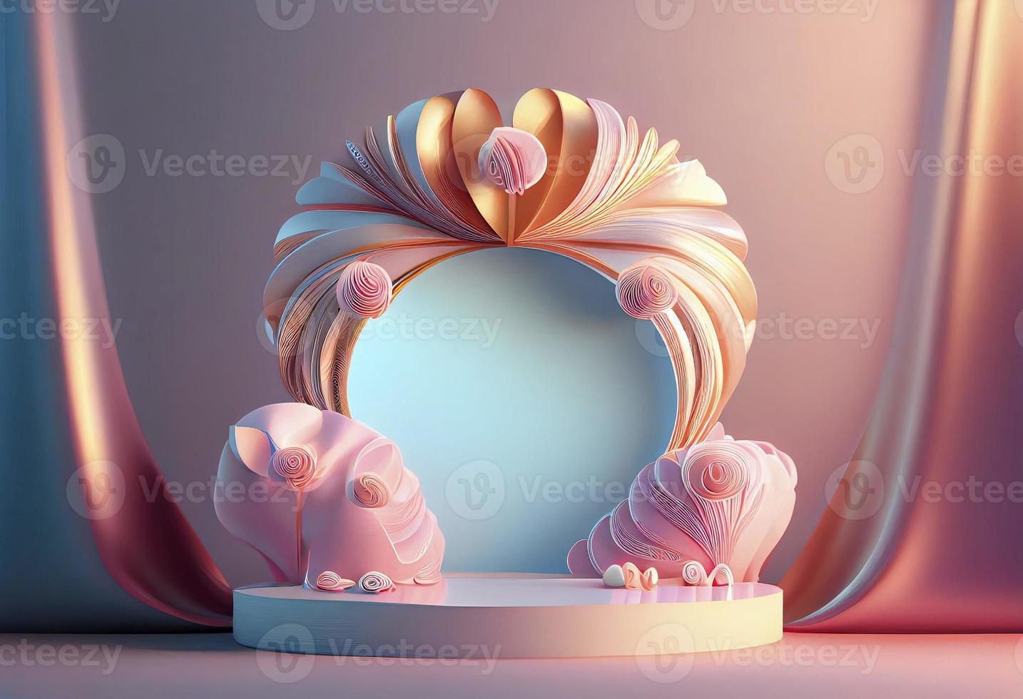 ilustração de pódio 3d feminina e elegante com ornamento de flor abstrata para exibição de produto foto