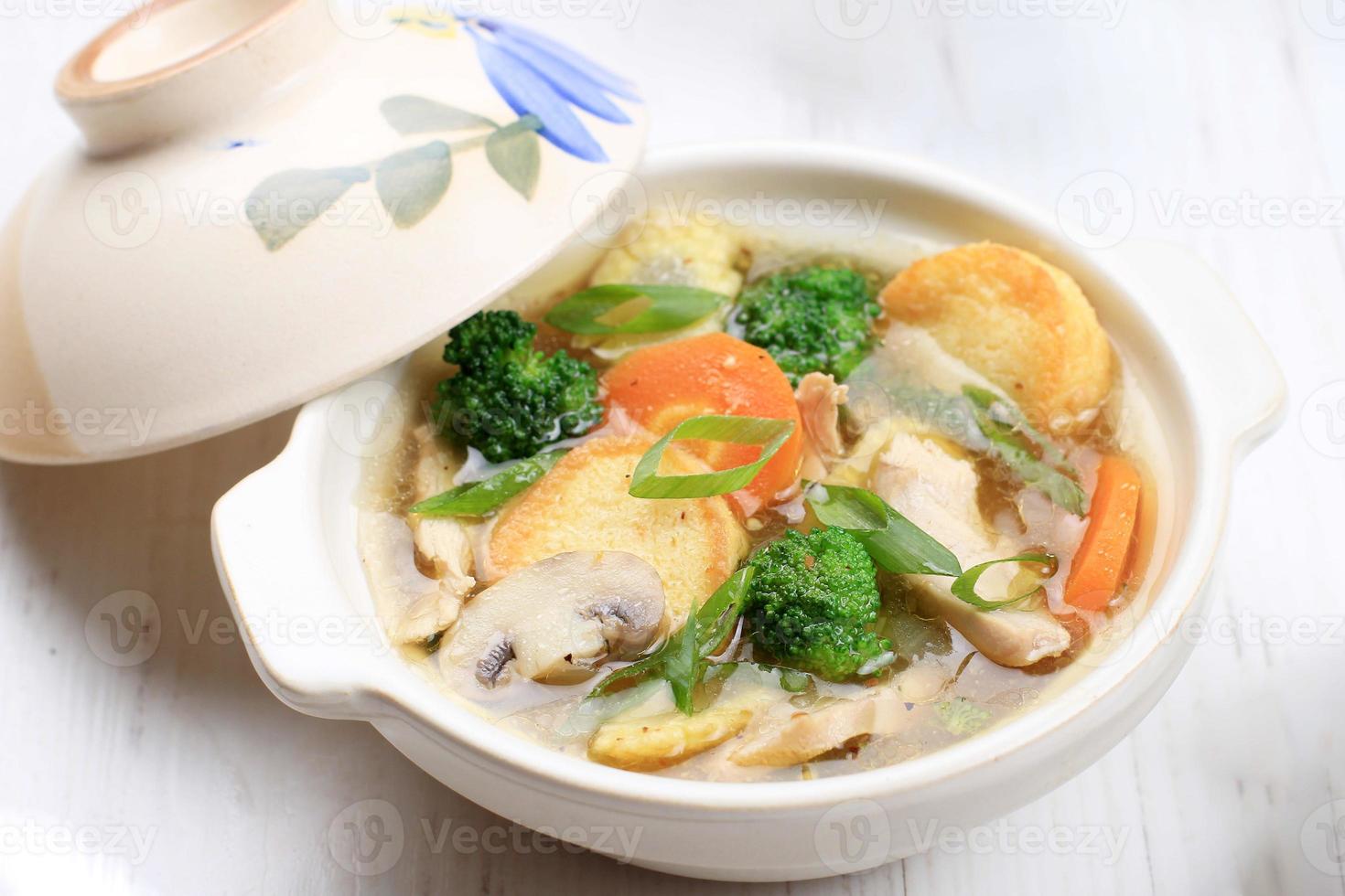 sapo tofu ou sapo tahu, prato de restaurante chinês com tofu japonês, vegetais, cogumelos, frango ou frutos do mar foto