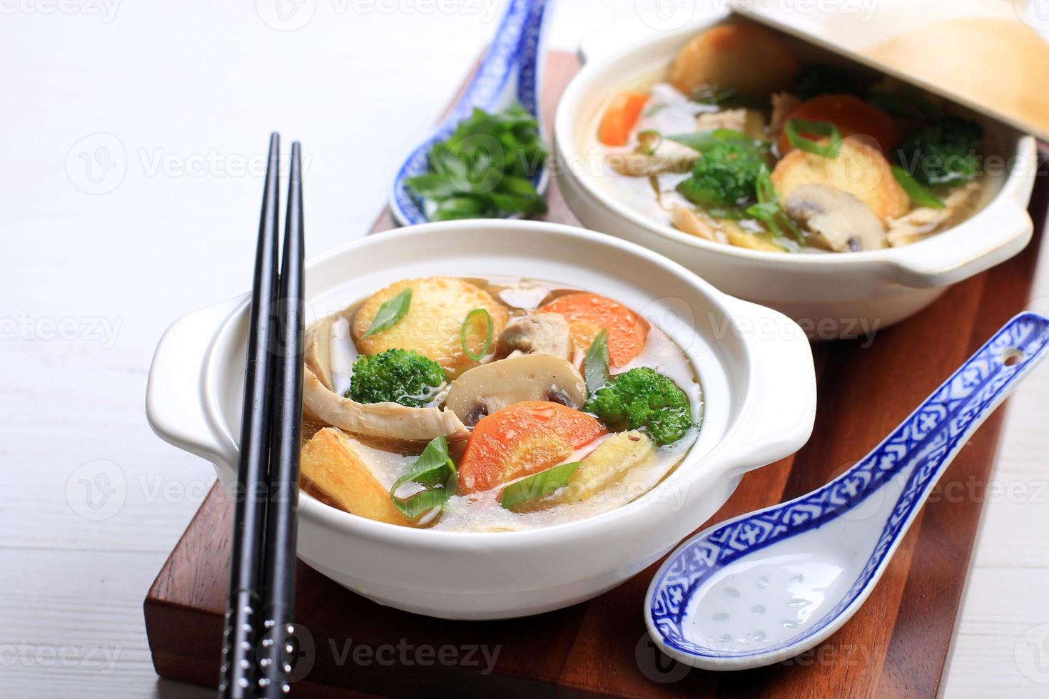 sapo tahu, culinária chinesa com tofu japonês, legumes, carne ou frutos do mar e cogumelos foto