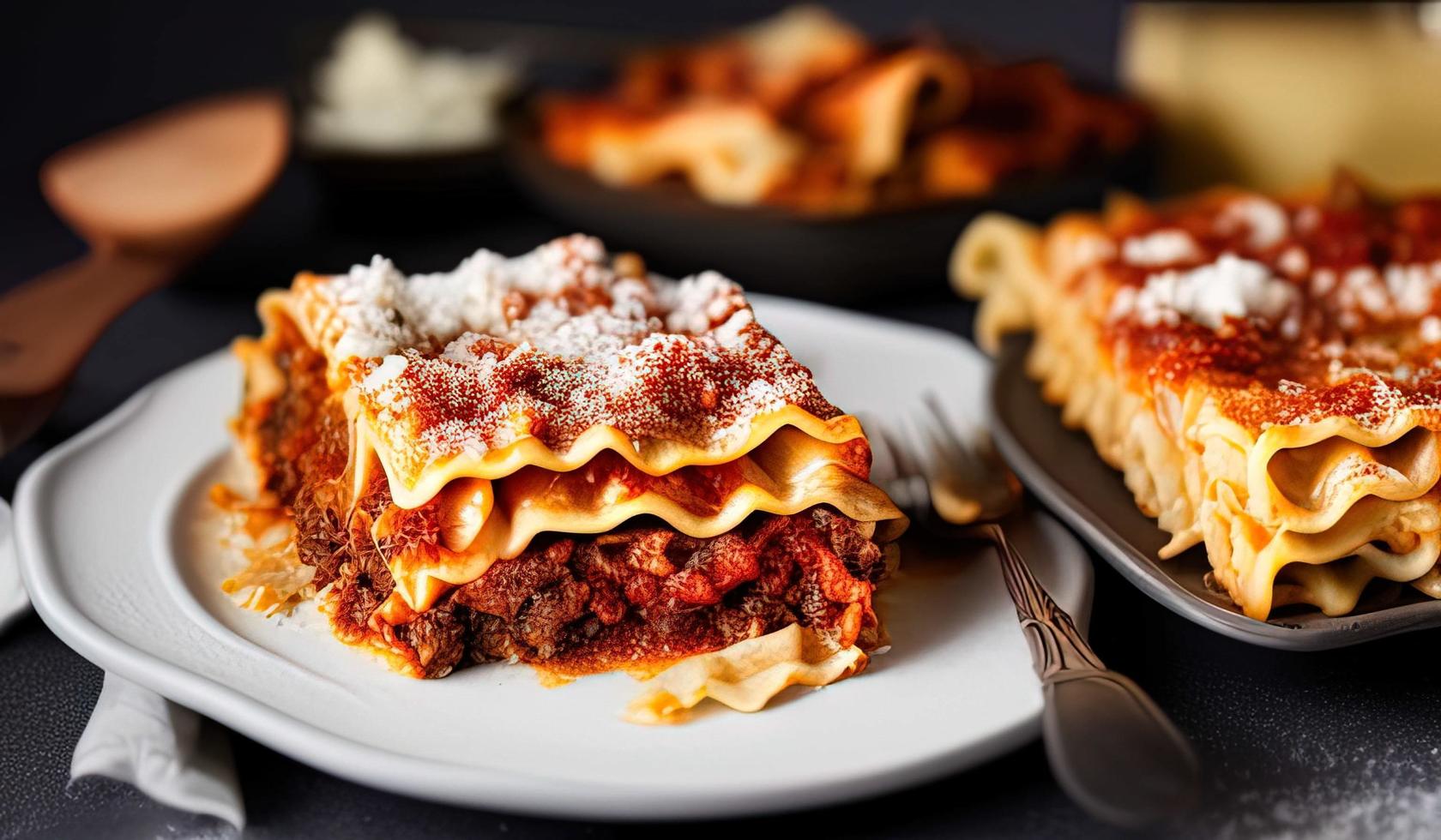 fotografia de comida profissional close-up de um prato de lasanha em um fundo cinza escuro foto