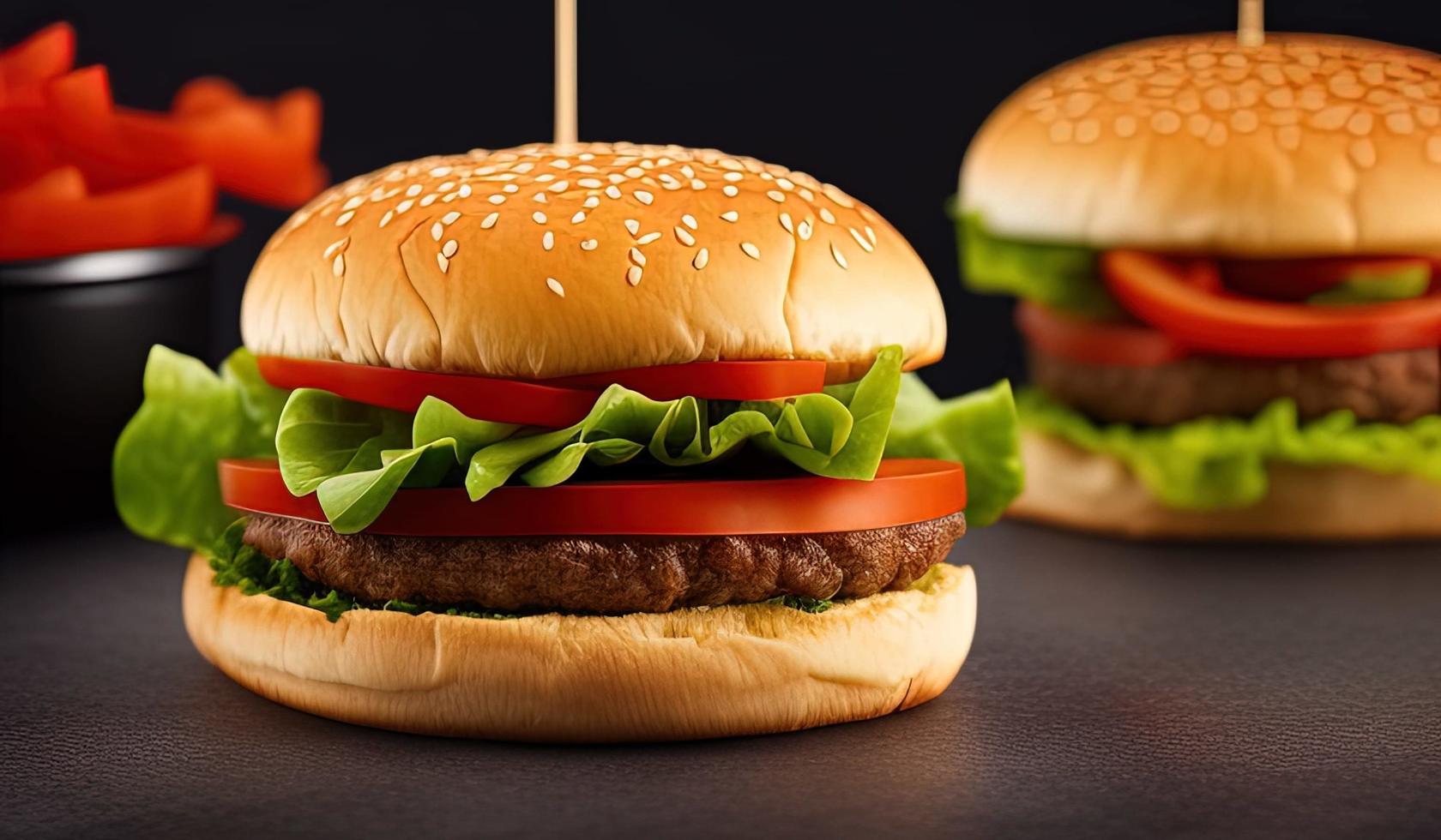 fotografia de comida profissional close-up de um hambúrguer com alface e tomate em um fundo preto foto