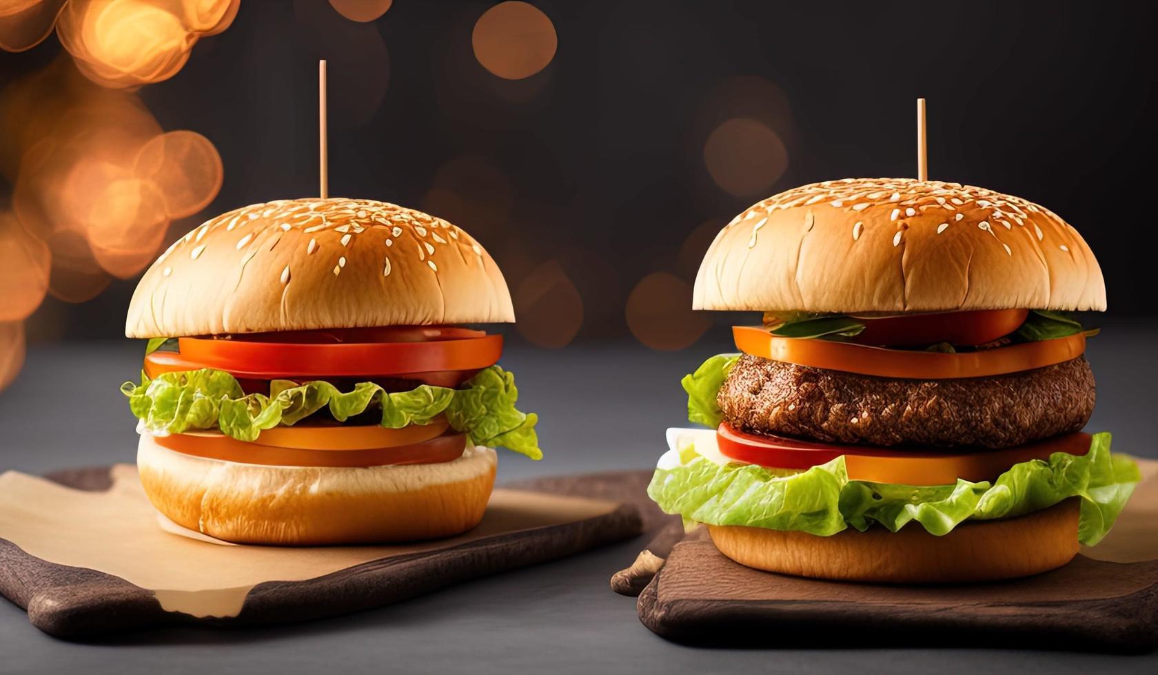 fotografia de comida profissional close-up de um hambúrguer com alface e tomate em um fundo preto foto