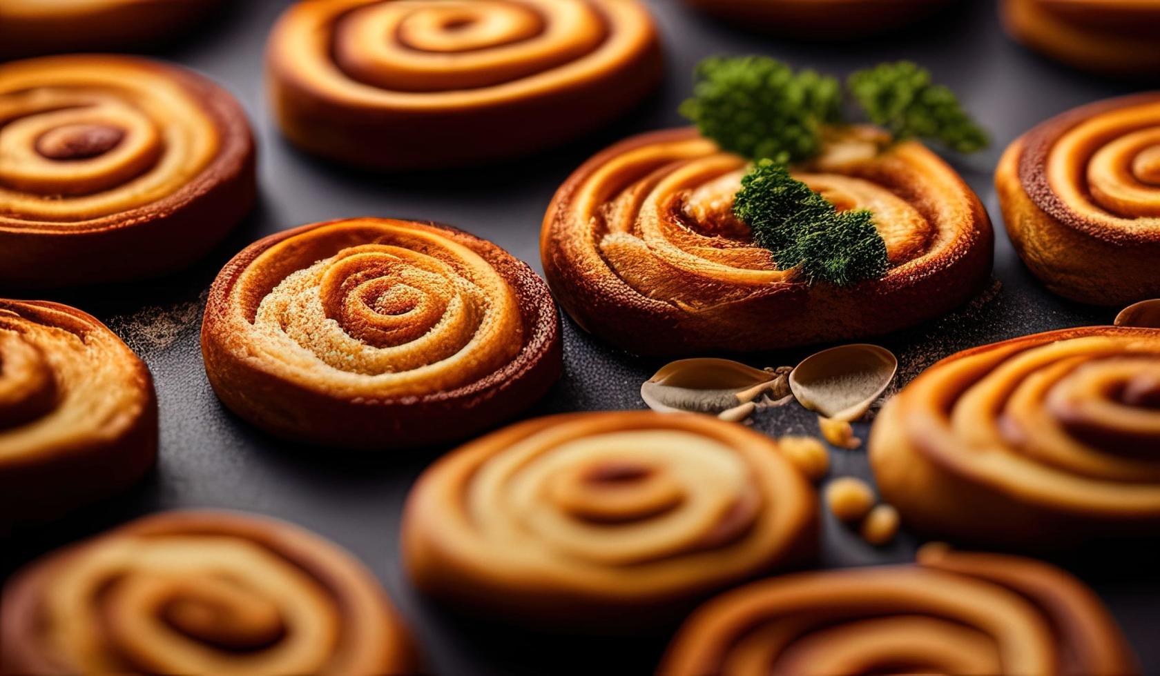 fotografia de comida profissional de publicidade close-up de uma pilha de rolos de canela cobertos de açúcar foto