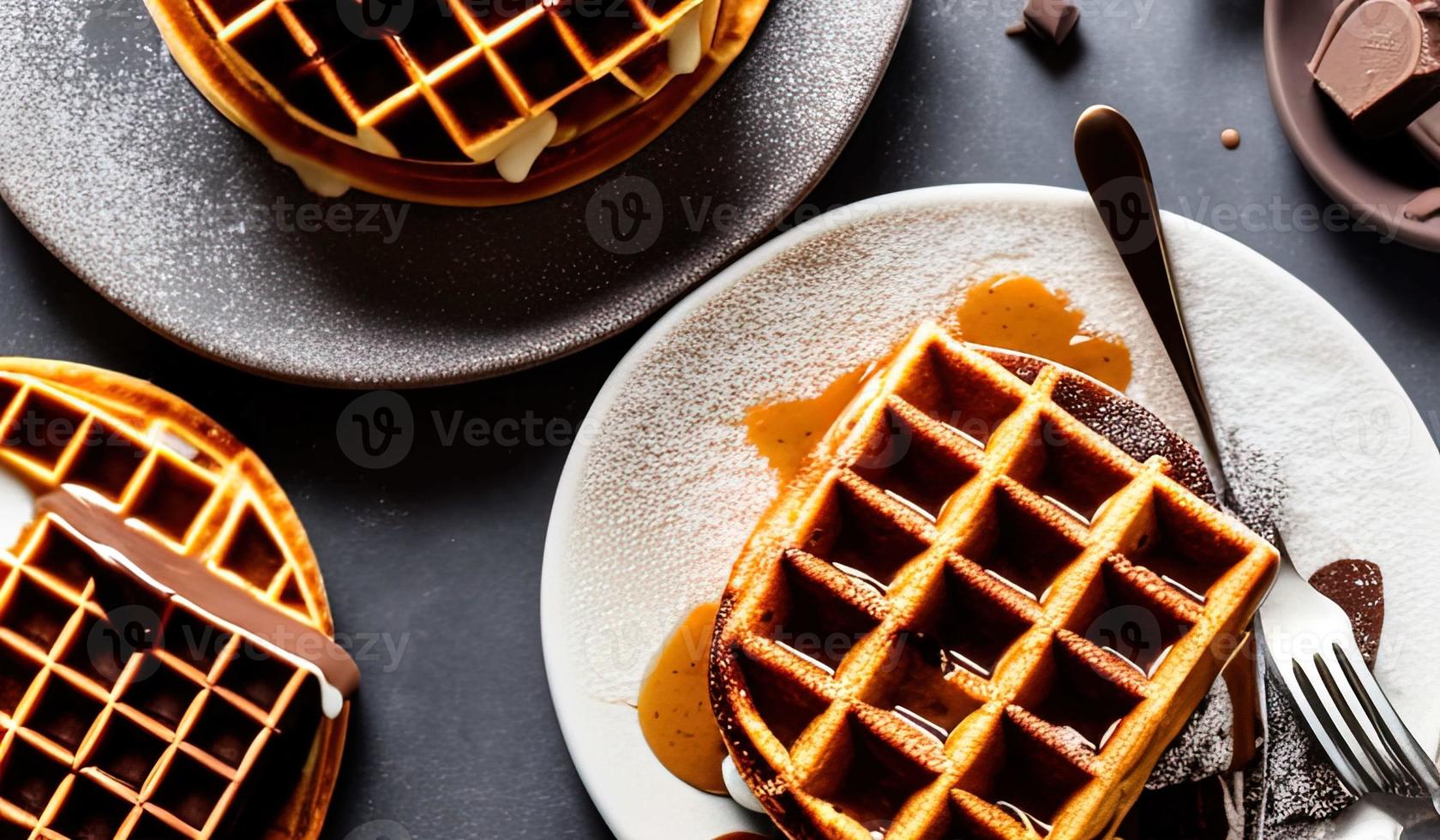 fotografia de comida profissional close-up de um prato de waffles belgas com calda de chocolate e sorvete em um fundo cinza escuro foto