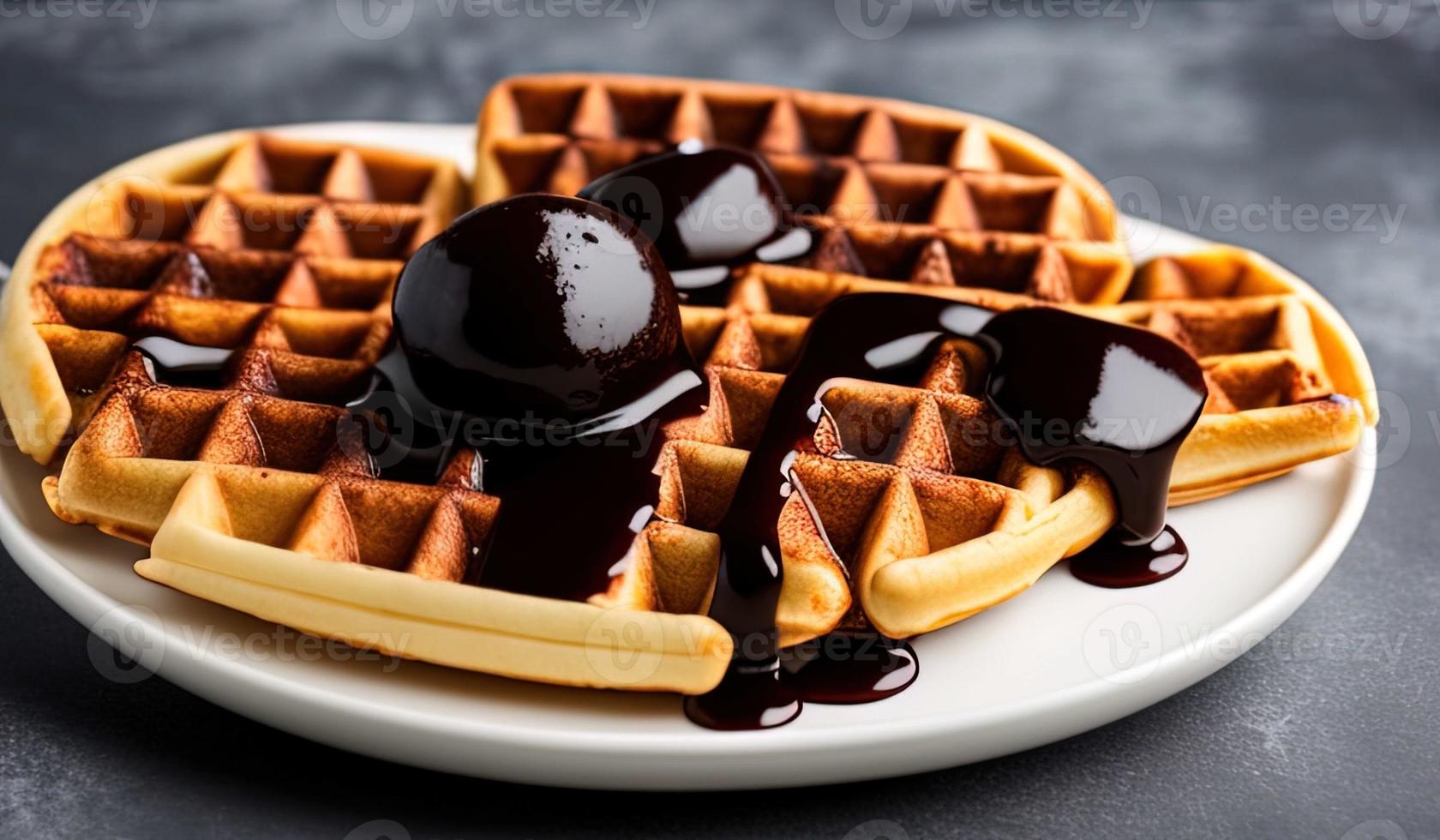 fotografia de comida profissional close-up de um prato de waffles belgas com calda de chocolate e sorvete em um fundo cinza escuro foto