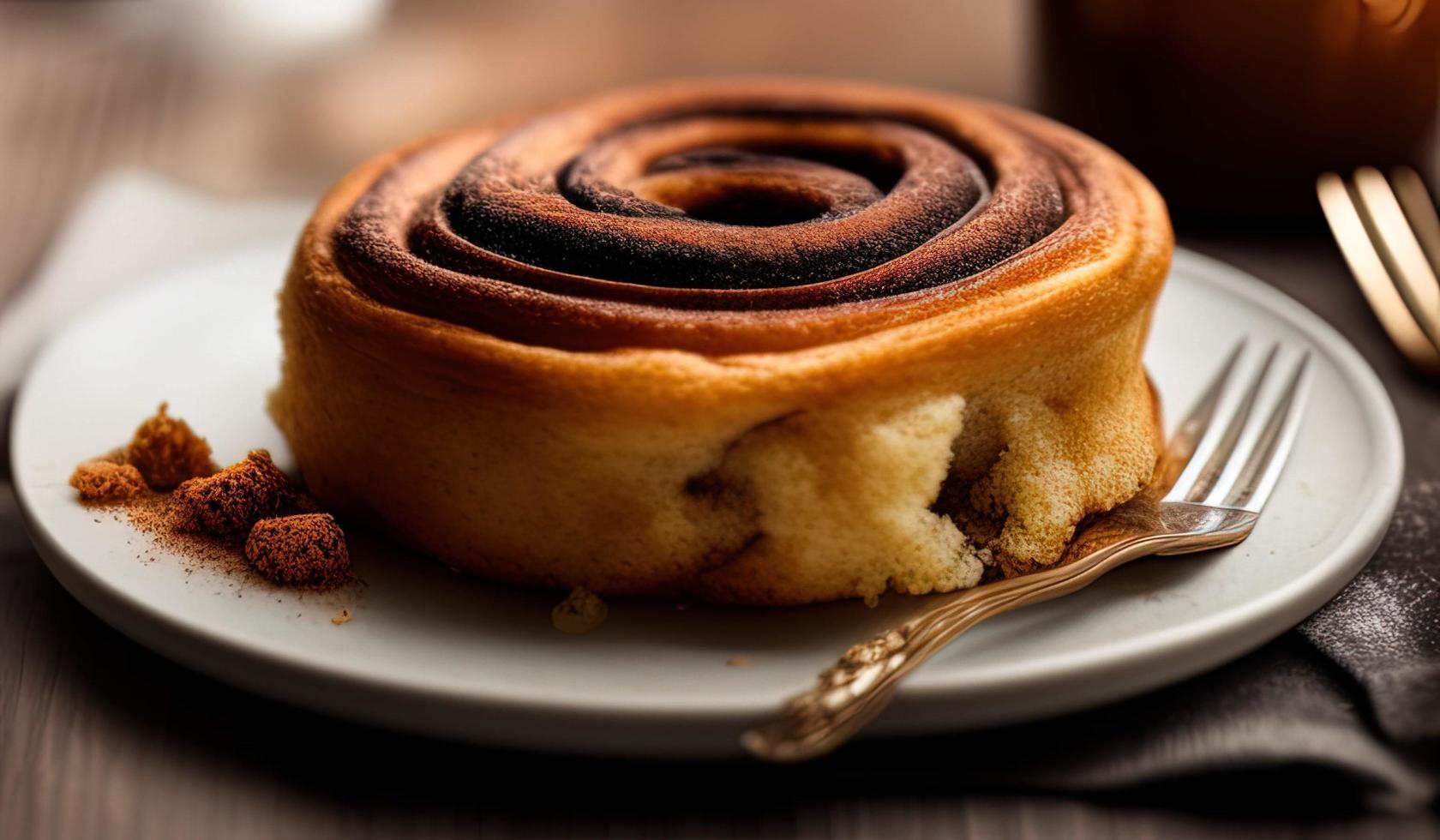 fotografia de comida profissional de publicidade close-up de uma pilha de rolos de canela cobertos de açúcar foto