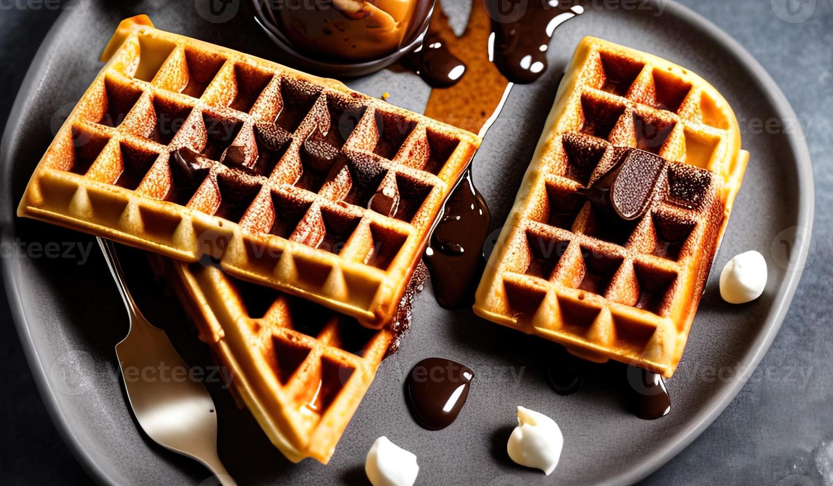 fotografia de comida profissional close-up de um prato de waffles belgas com calda de chocolate e sorvete em um fundo cinza escuro foto