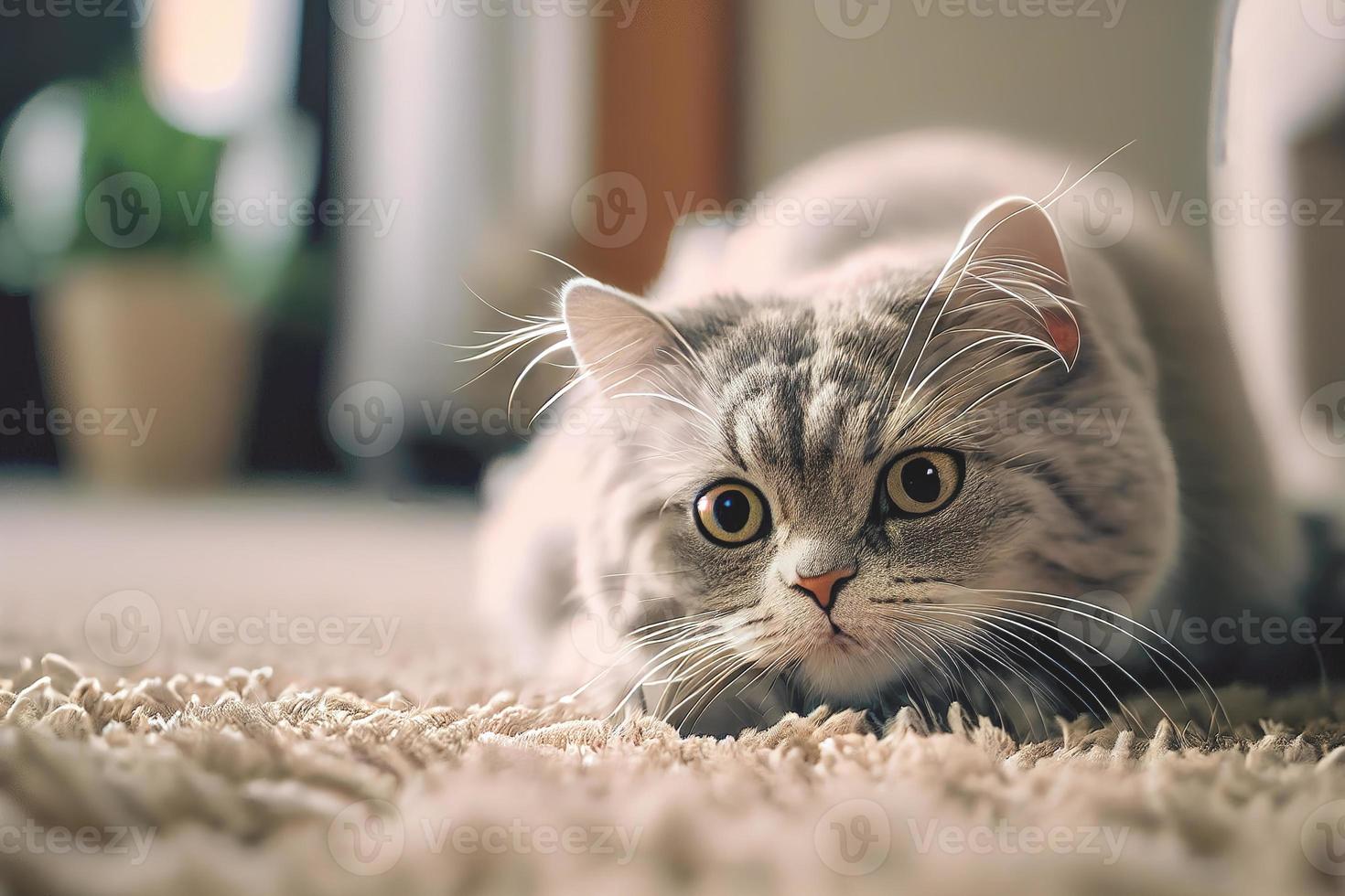 close-up de um gato aconchegante descansando em um tapete, contra um fundo de sala de estar em tons de branco. foto