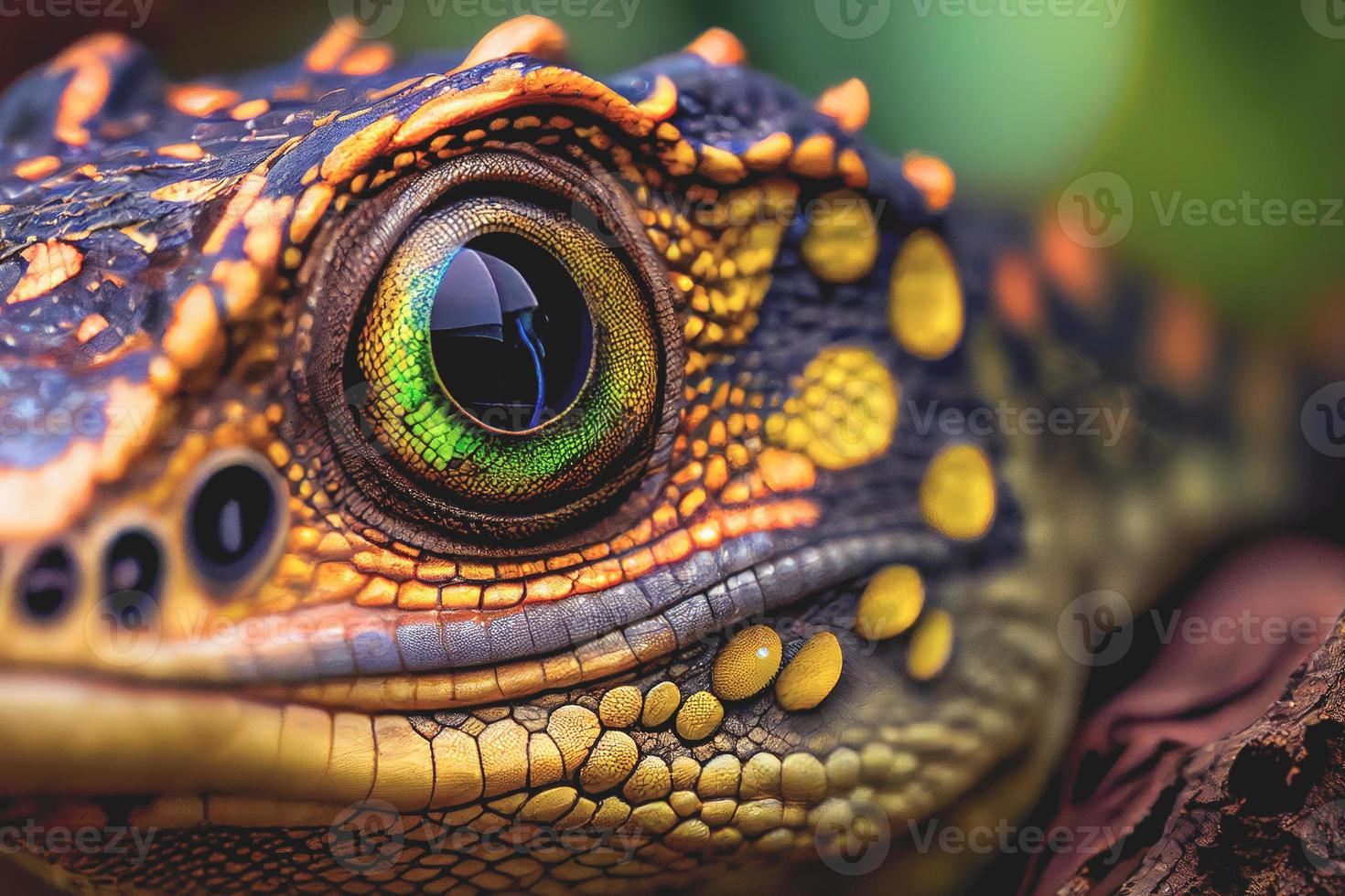 close-up de um réptil em um galho de árvore, contra um impressionante papel de parede de fundo natural hd foto