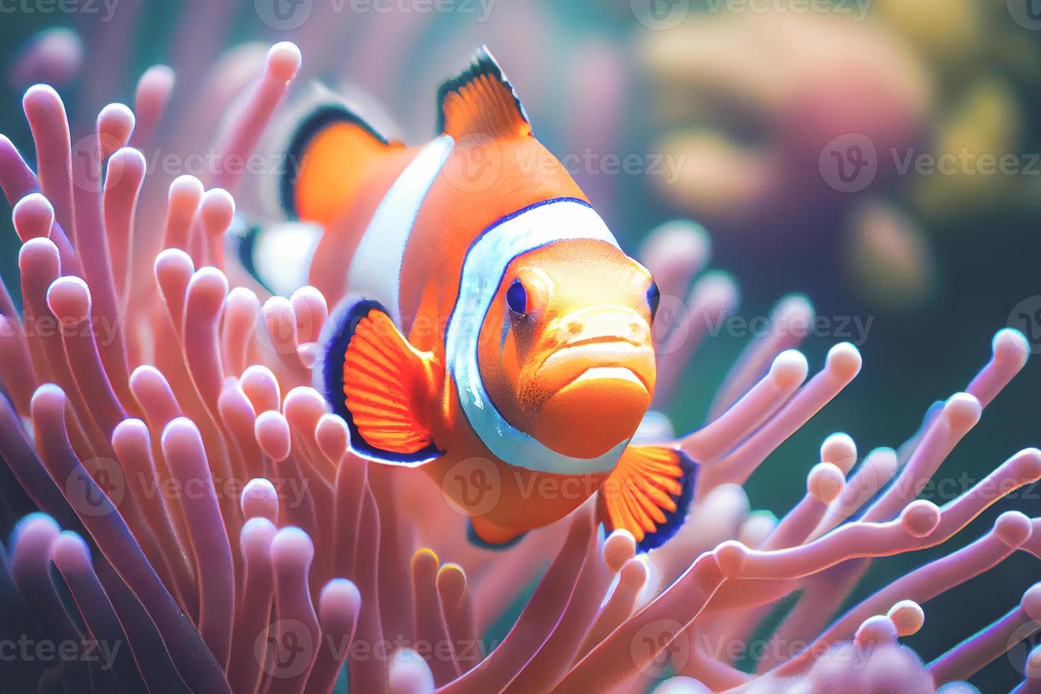 close-up de um peixe-palhaço brilhantemente colorido nadando entre os corais no tanque do aquário. foto