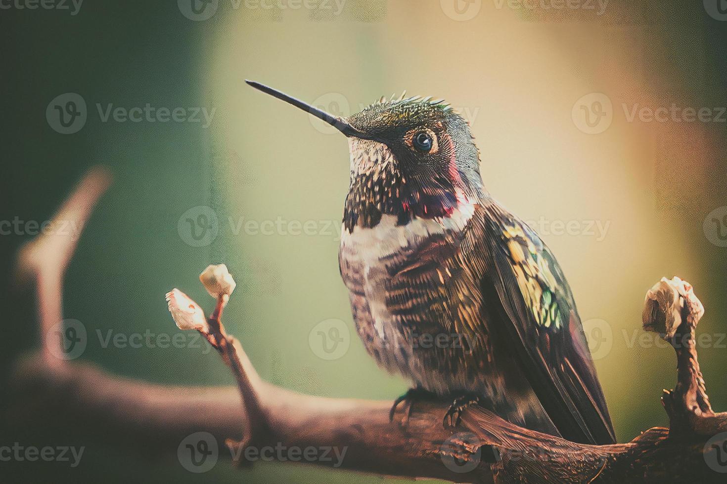 tiro íntimo de um beija-flor empoleirado em um galho de árvore, fundo escuro coloca o foco no pássaro. foto