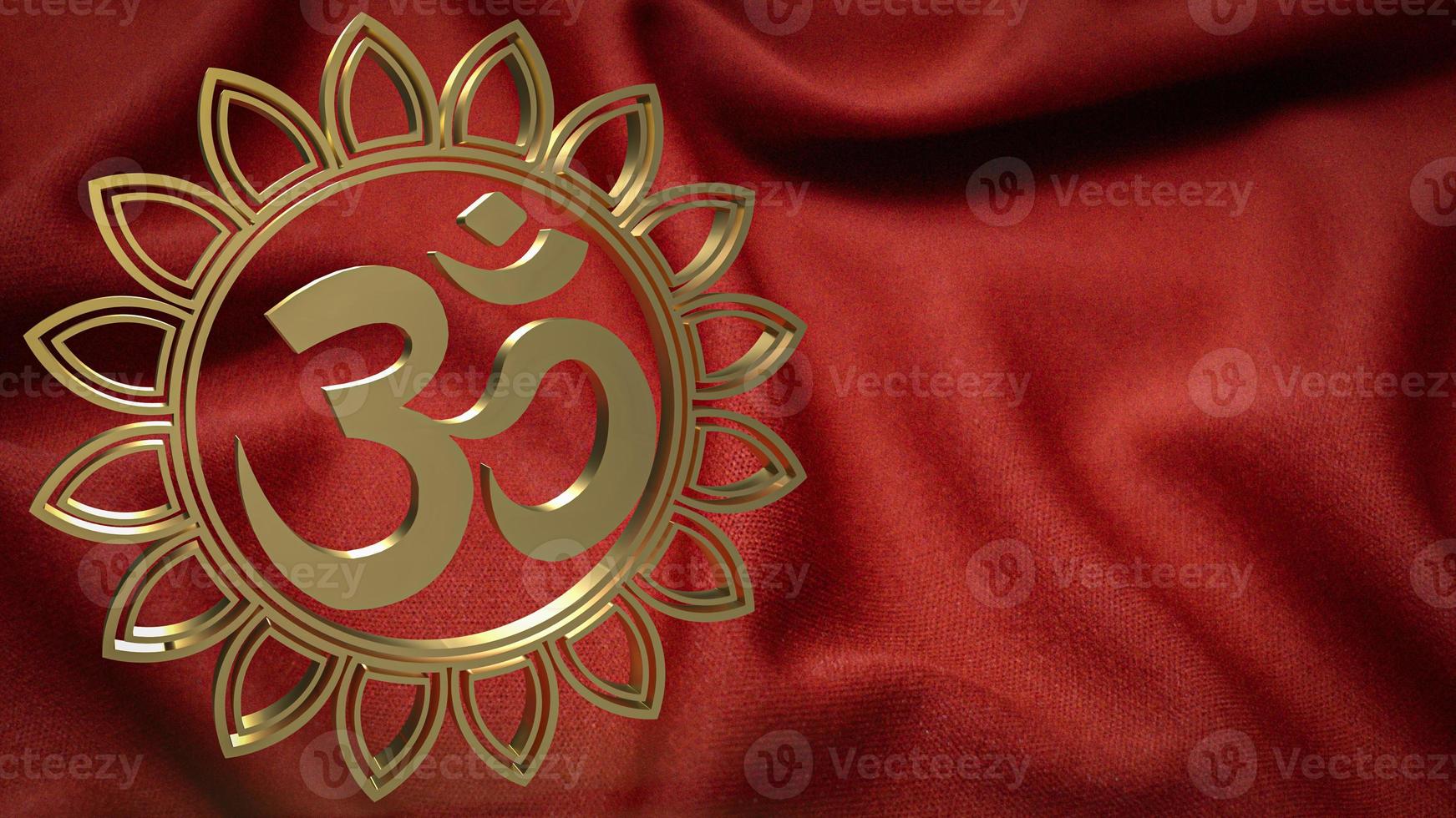 o símbolo hindu de ouro ohm em seda vermelha para renderização em 3d do conceito de plano de fundo foto