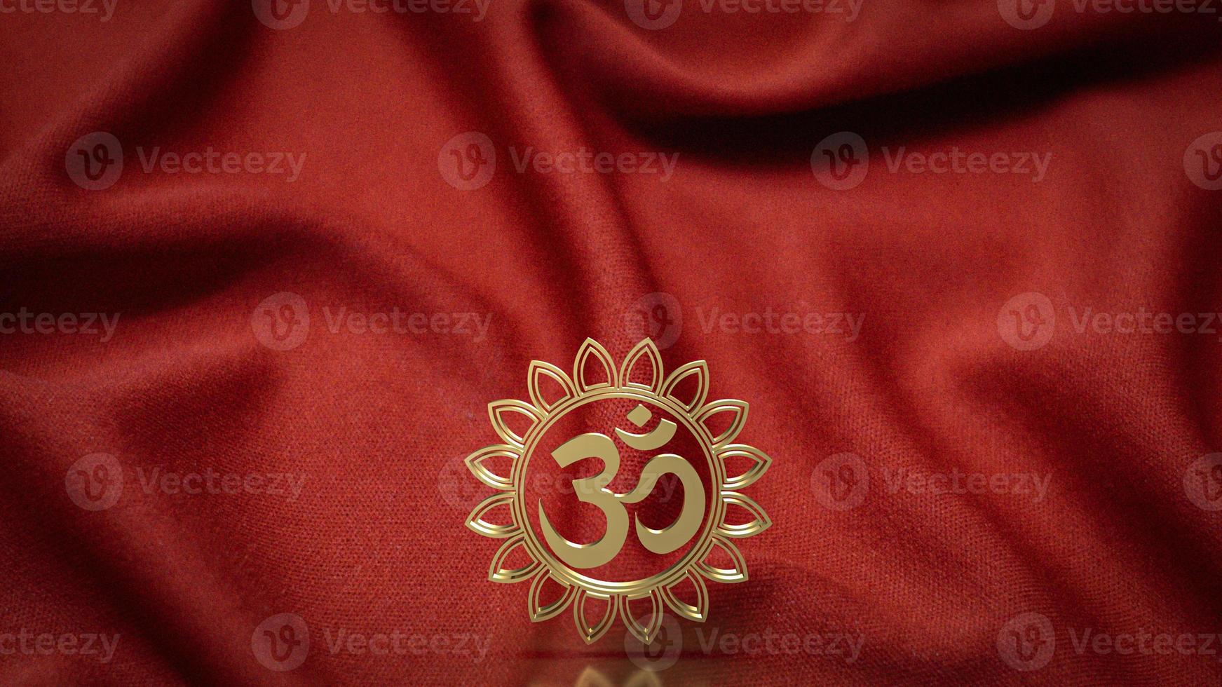 o símbolo hindu de ouro ohm em seda vermelha para renderização em 3d do conceito de plano de fundo foto