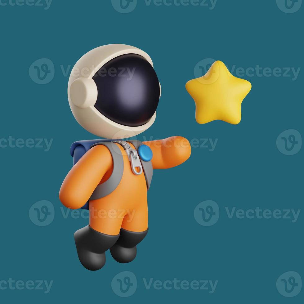 astronauta bonito voando para alcançar uma estrela amarela. renderização 3D foto